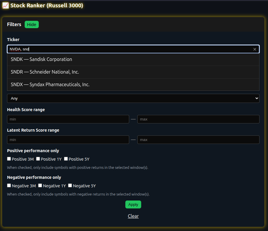 Stock Ranker Filters